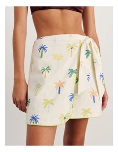 Palm Tie Wrap Mini Skirt in Cream