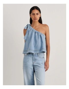 Loe Denim One Shoulder Top in Blue