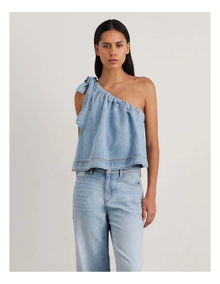 Loe Denim One Shoulder Top in Blue image 1