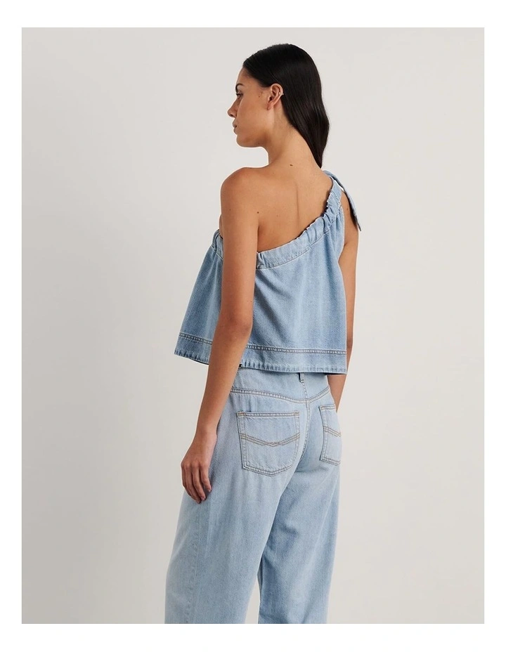 Loe Denim One Shoulder Top in Blue image 2