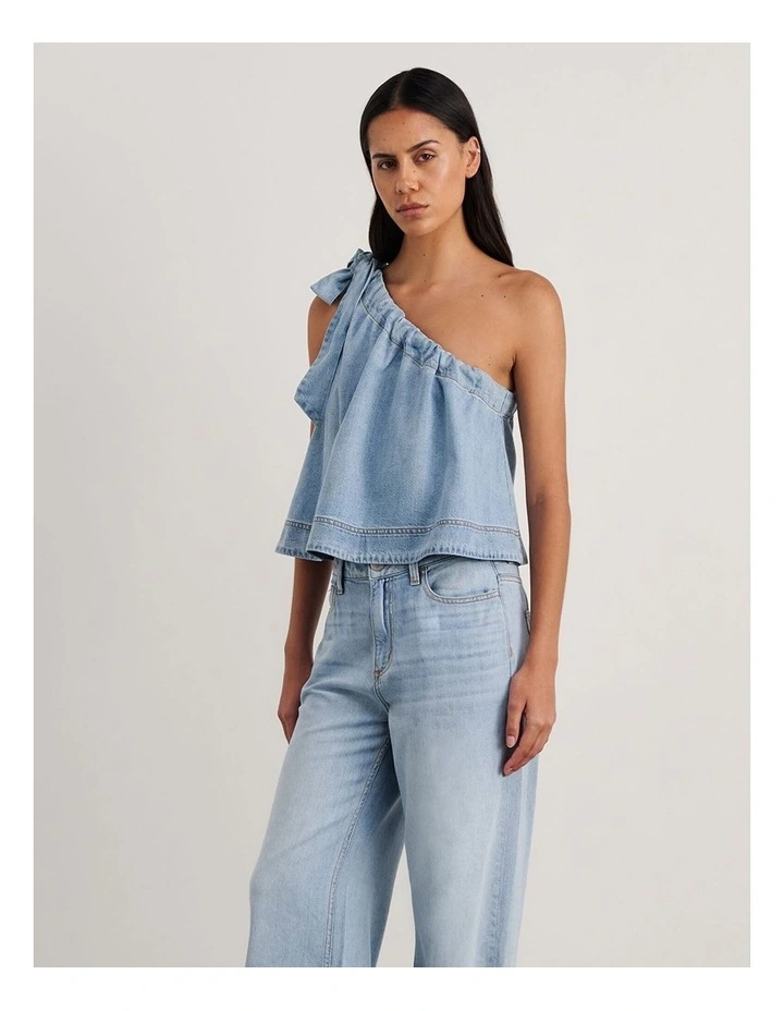 Loe Denim One Shoulder Top in Blue image 3