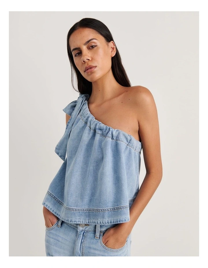 Loe Denim One Shoulder Top in Blue image 4
