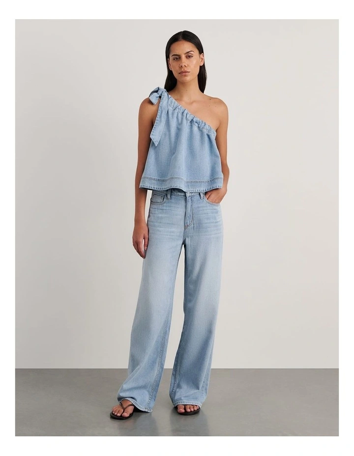 Loe Denim One Shoulder Top in Blue image 5