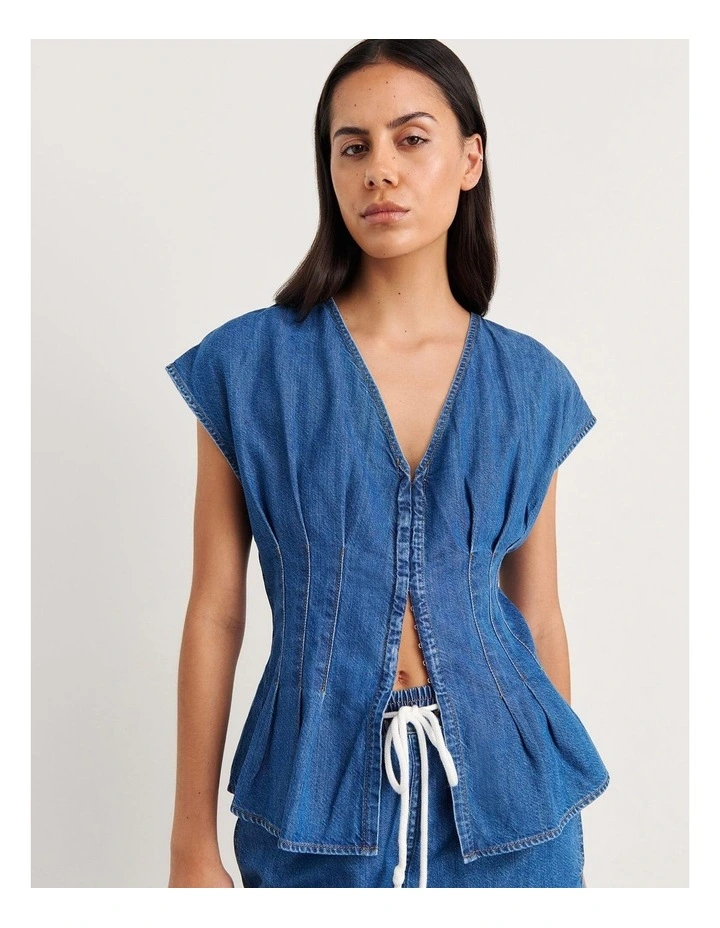 Loe Pintuck Denim Top in Blue image 4