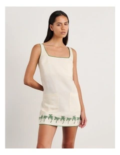 Palm Embroidered Mini Dress in Beige
