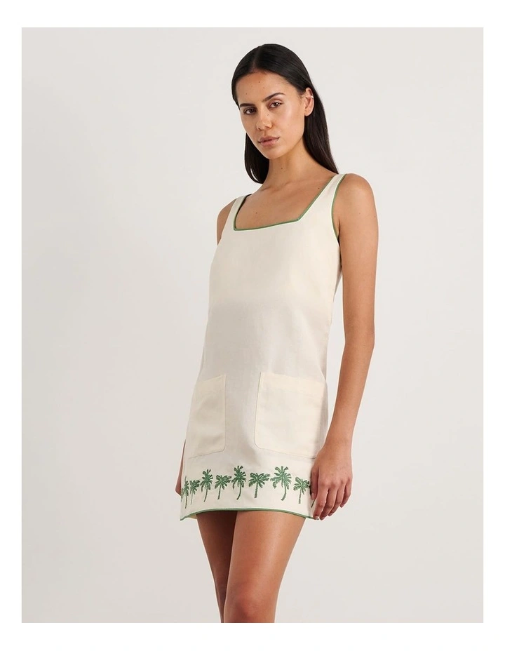 Palm Embroidered Mini Dress in Beige image 3