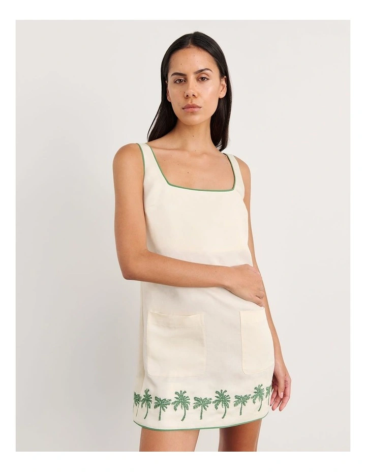 Palm Embroidered Mini Dress in Beige image 4
