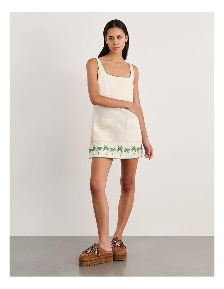 Palm Embroidered Mini Dress in Beige image 5