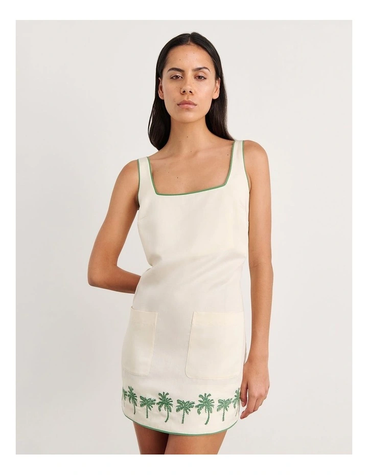 Palm Embroidered Mini Dress in Beige image 6