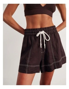 Gigi Linen Pull On Shorts in Brown