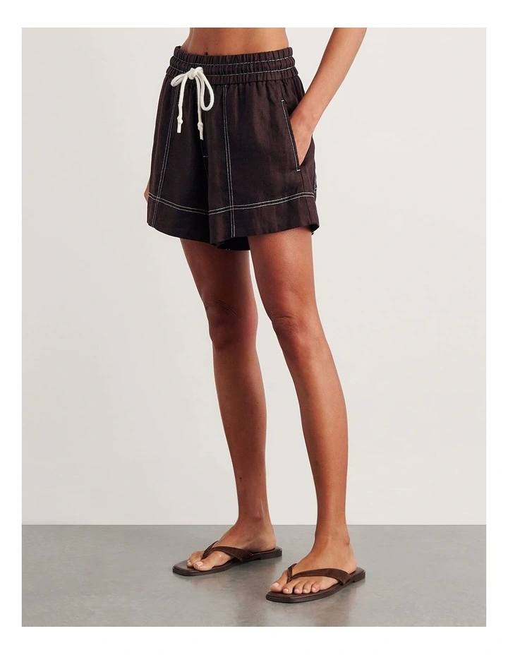 Gigi Linen Pull On Shorts in Brown image 3