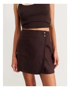 Kayla Linen Wrap Mini Skirt in Brown