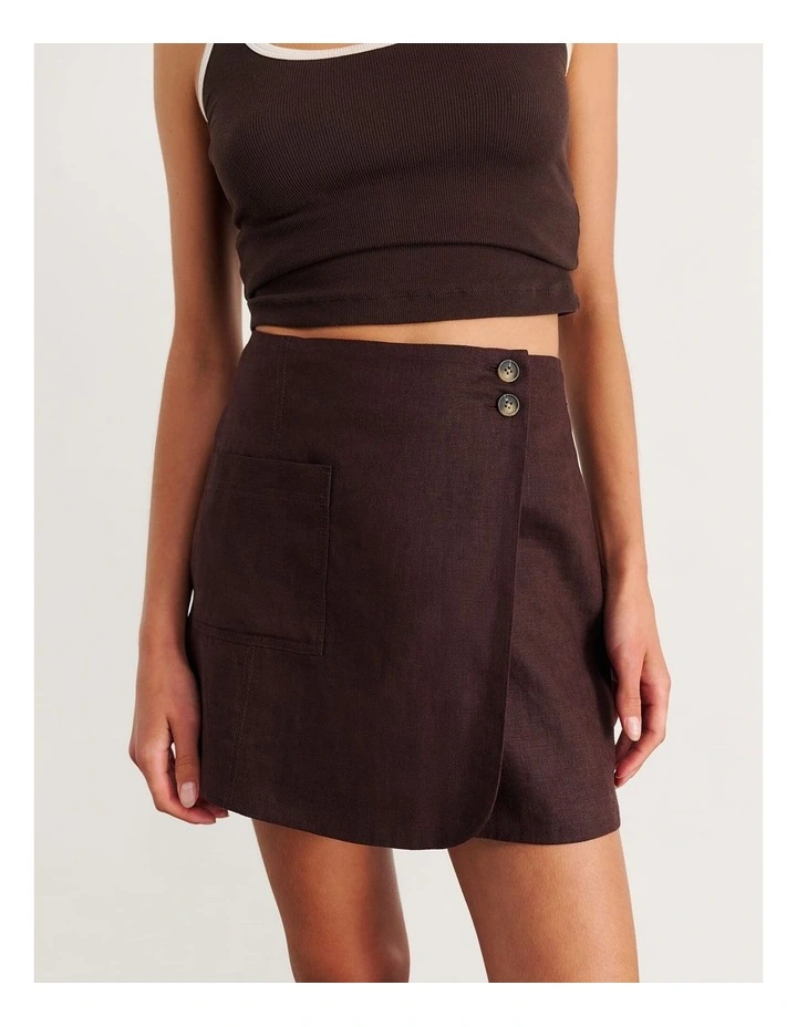 Kayla Linen Wrap Mini Skirt in Brown image 1