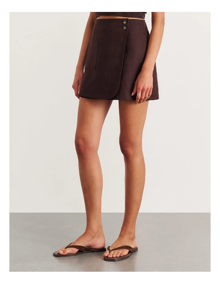 Kayla Linen Wrap Mini Skirt in Brown image 3