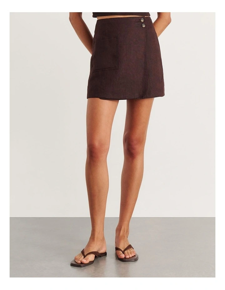 Kayla Linen Wrap Mini Skirt in Brown image 4