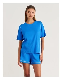Celina Blanket Stitch Tee in Bright Blue