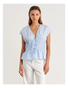 Delphine Pintuck Linen Blouse in Ice Blue