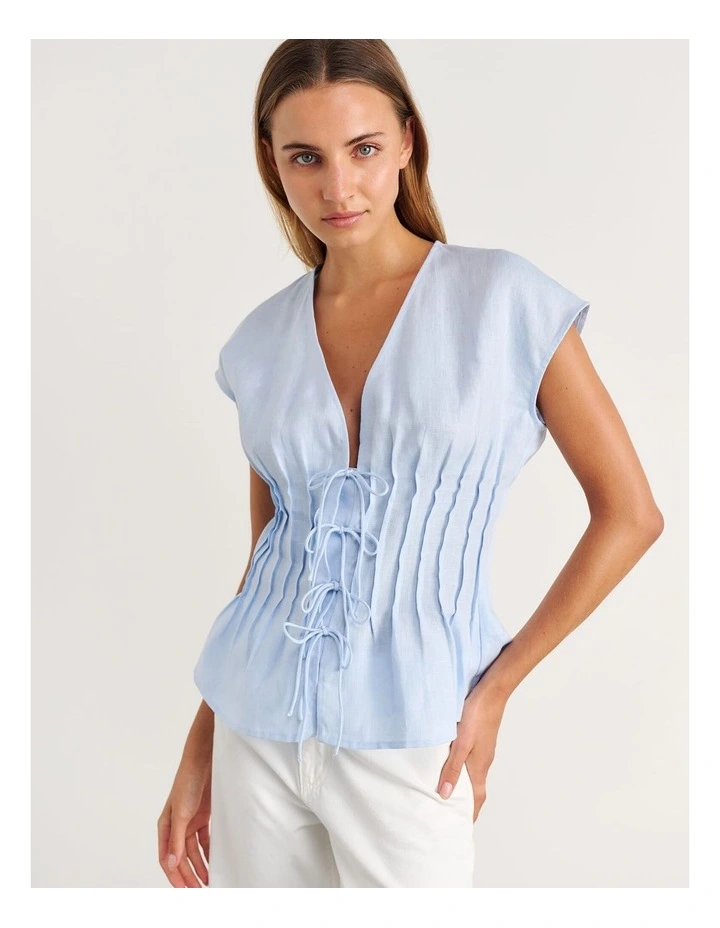 Delphine Pintuck Linen Blouse in Ice Blue image 5