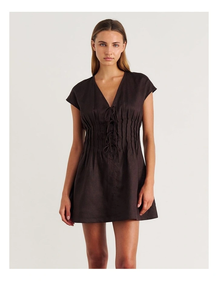 Delphine Pintuck Linen Mini Dress in Dark Chocolate image 1