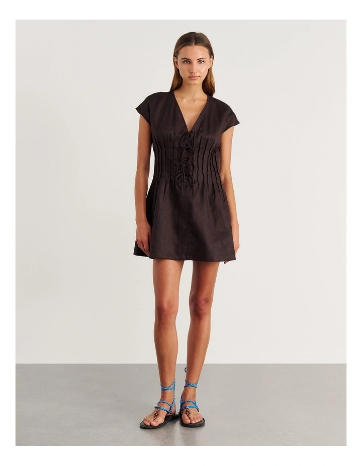 Delphine Pintuck Linen Mini Dress in Dark Chocolate image 4