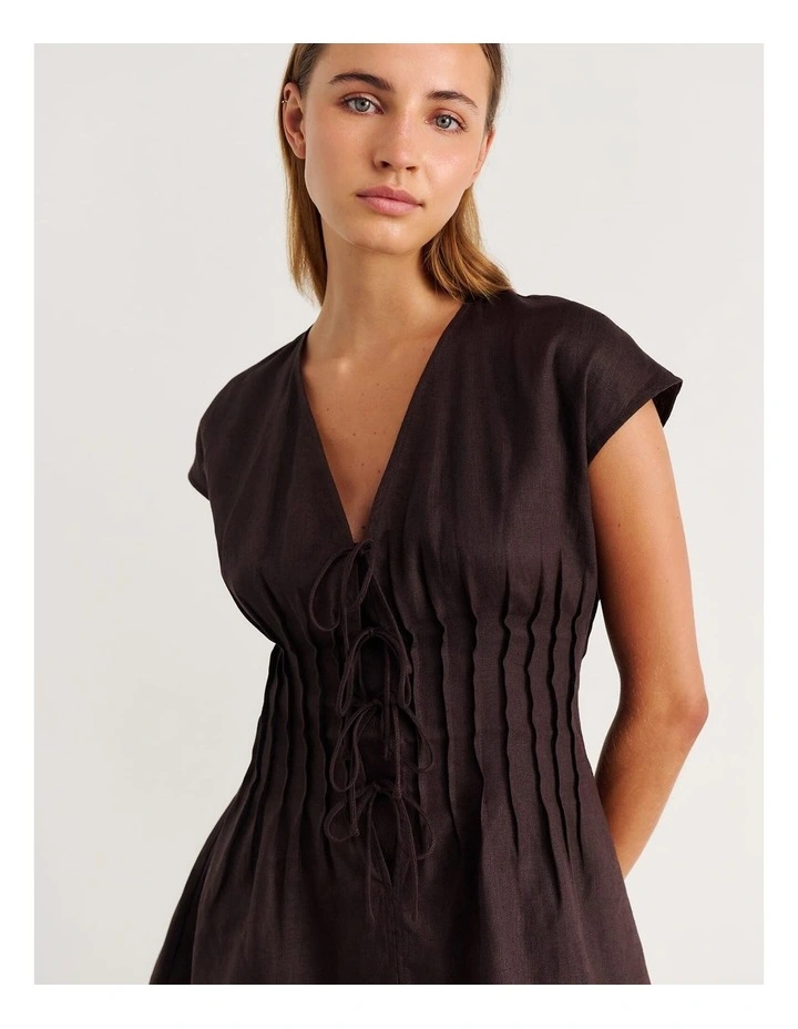 Delphine Pintuck Linen Mini Dress in Dark Chocolate image 5
