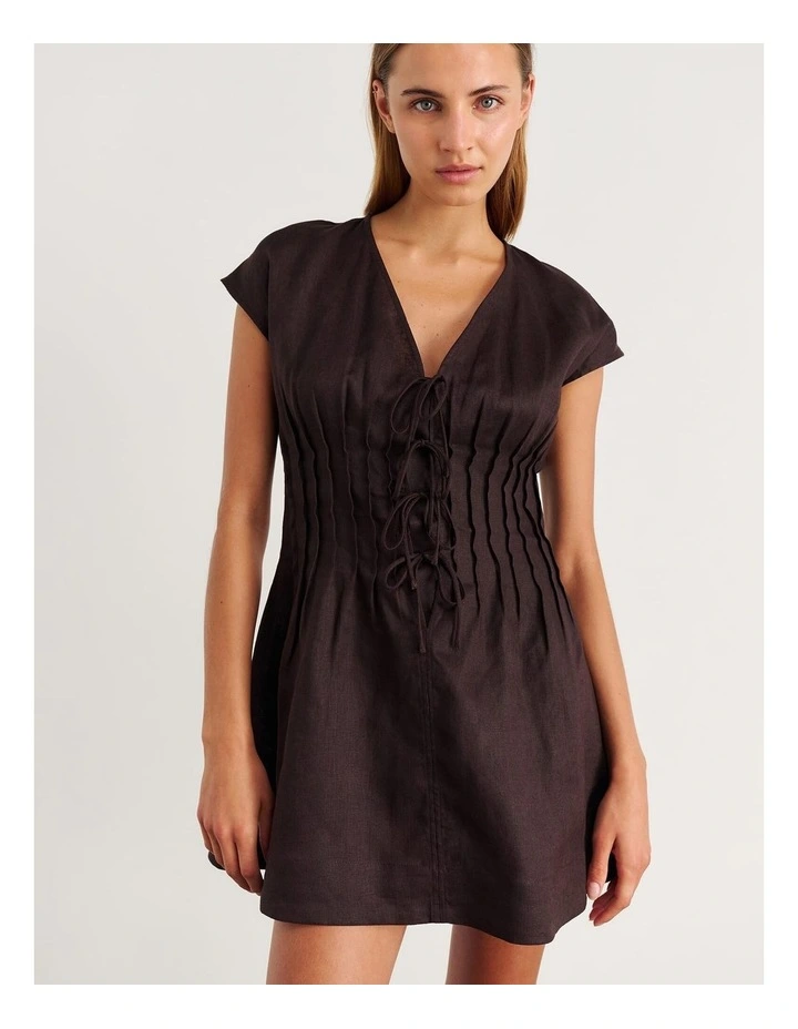 Delphine Pintuck Linen Mini Dress in Dark Chocolate image 6