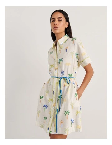 Palm Shirt Dress in Ivory/Multi