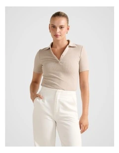 Amari Press Stud Polo Neck Top in Beige