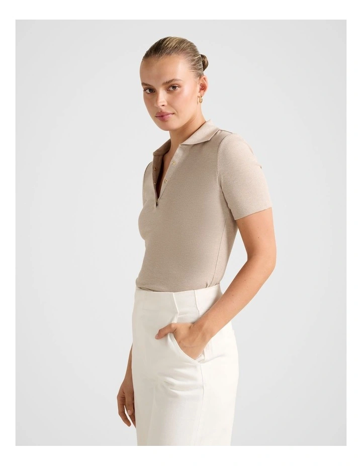 Amari Press Stud Polo Neck Top in Beige image 3