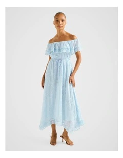 Lanny Off Shoulder Embroidered Midi Dress in Blue