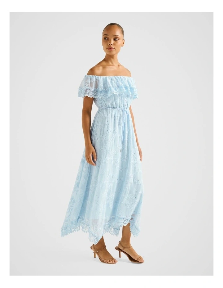 Lanny Off Shoulder Embroidered Midi Dress in Blue image 3