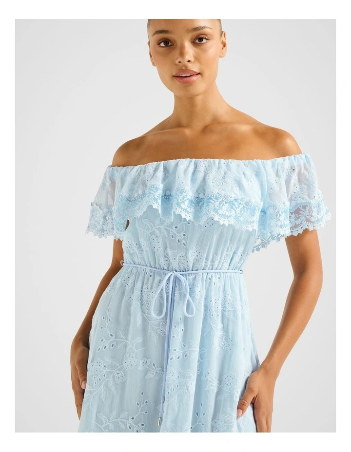 Lanny Off Shoulder Embroidered Midi Dress in Blue image 4