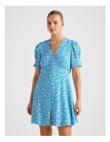 Saffron Printed Mini Sun Dress in Blue