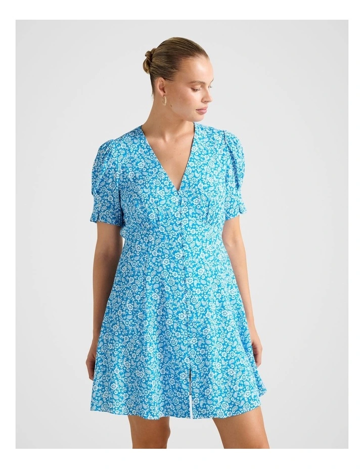 Saffron Printed Mini Sun Dress in Blue image 3