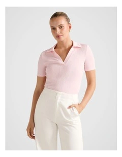 Addison Rib Short Sleeves Polo Neck Top in Pink
