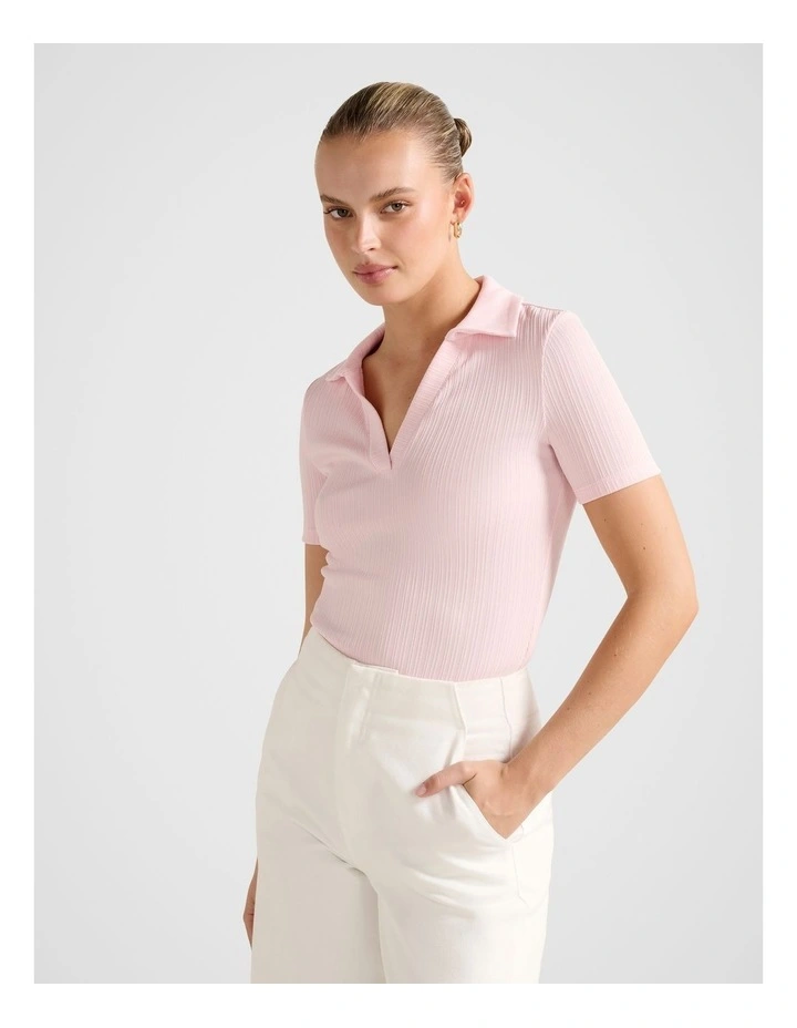 Addison Rib Short Sleeves Polo Neck Top in Pink image 3
