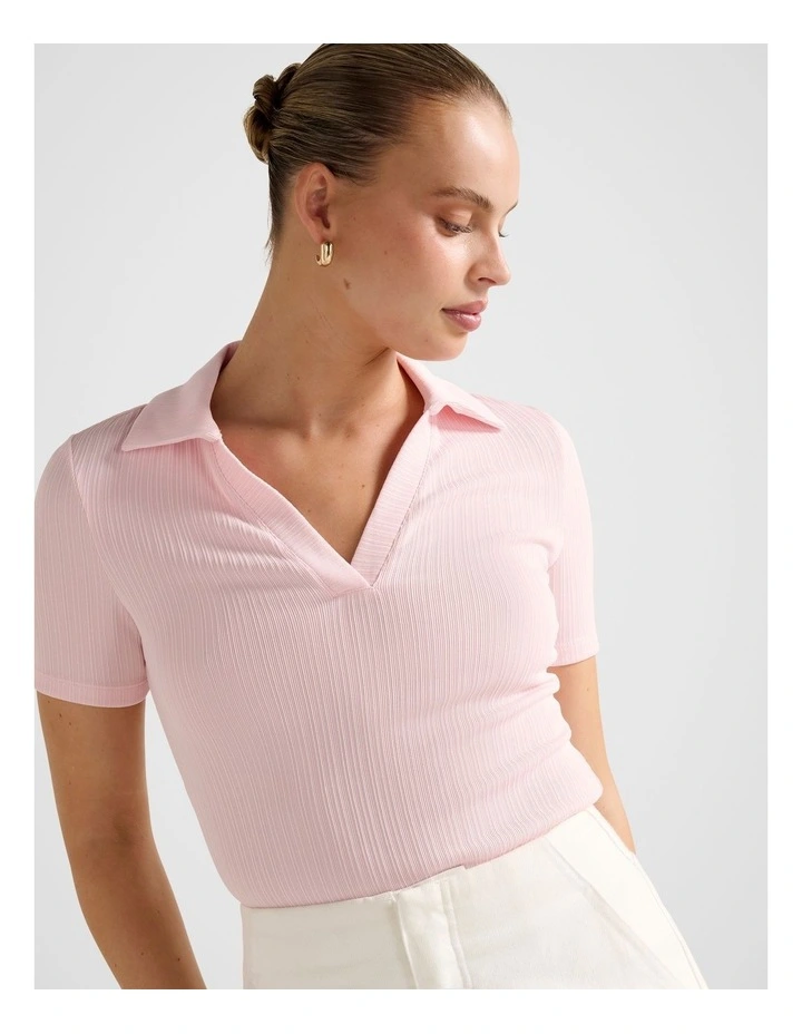 Addison Rib Short Sleeves Polo Neck Top in Pink image 4