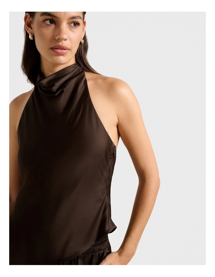 Skyler Halter Neck Satin Top in Brown image 4