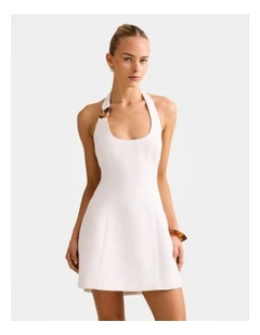 Tash Hardware Halter Neck Linen Mini Dress in White