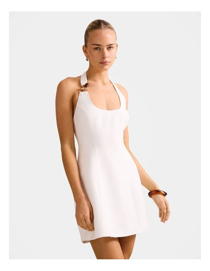 Tash Hardware Halter Neck Linen Mini Dress in White image 3