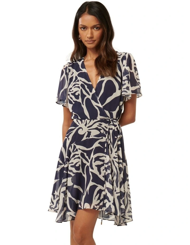Kora Asymmetrical Flutter Sleeves Mini Dress in Navy image 1