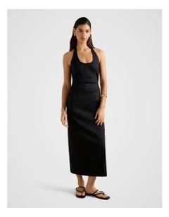 Esmee U-Neck Stretch Linen Midi Dress in Black