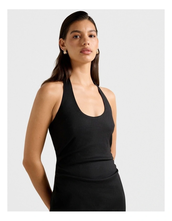 Esmee U-Neck Stretch Linen Midi Dress in Black image 4