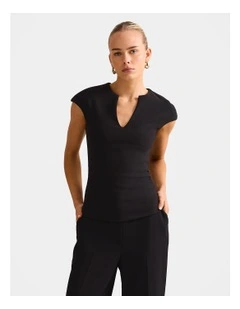 Montana V Neck Extended Shoulder Top in Black