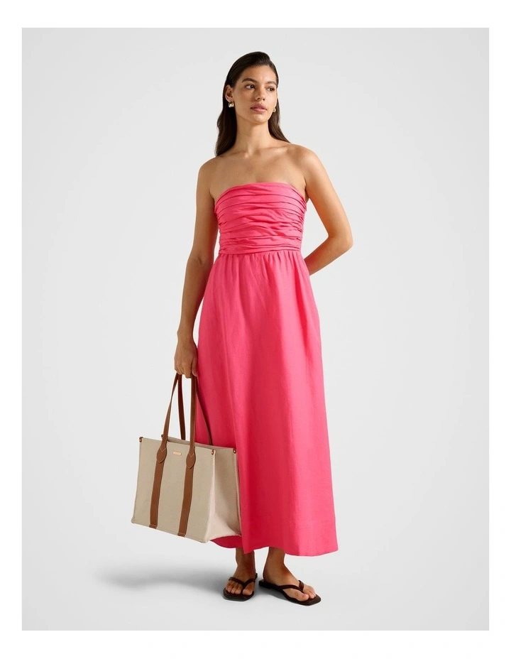 Matisse Ruched Strapless Linen Midi Dress in Pink image 1