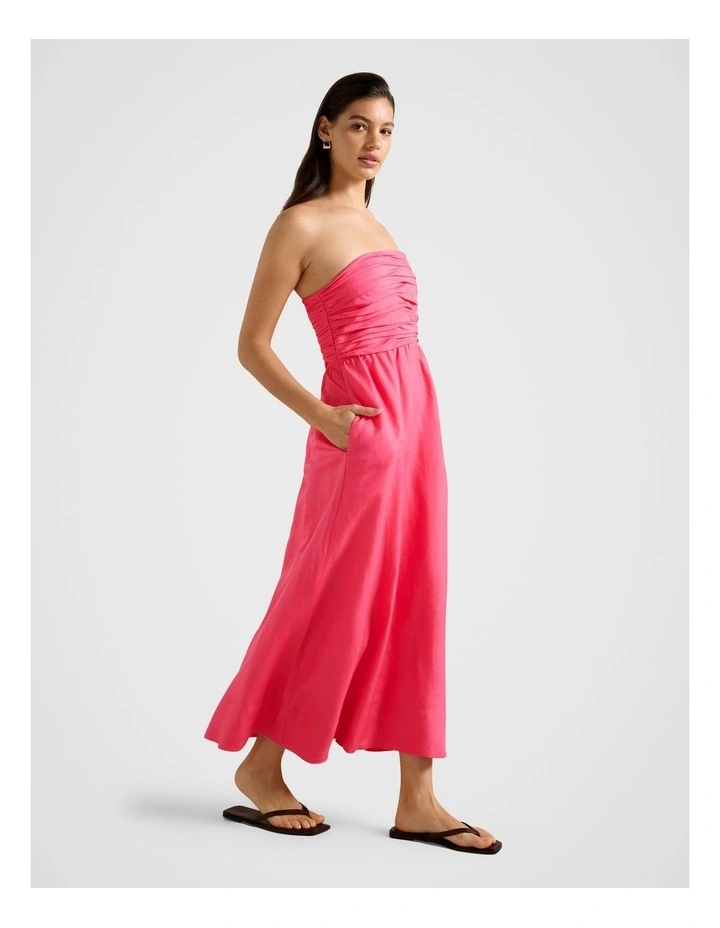Matisse Ruched Strapless Linen Midi Dress in Pink image 3