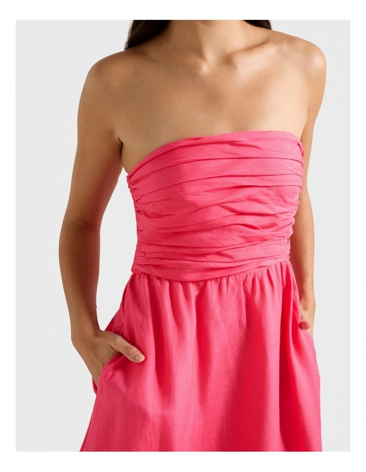 Matisse Ruched Strapless Linen Midi Dress in Pink image 4