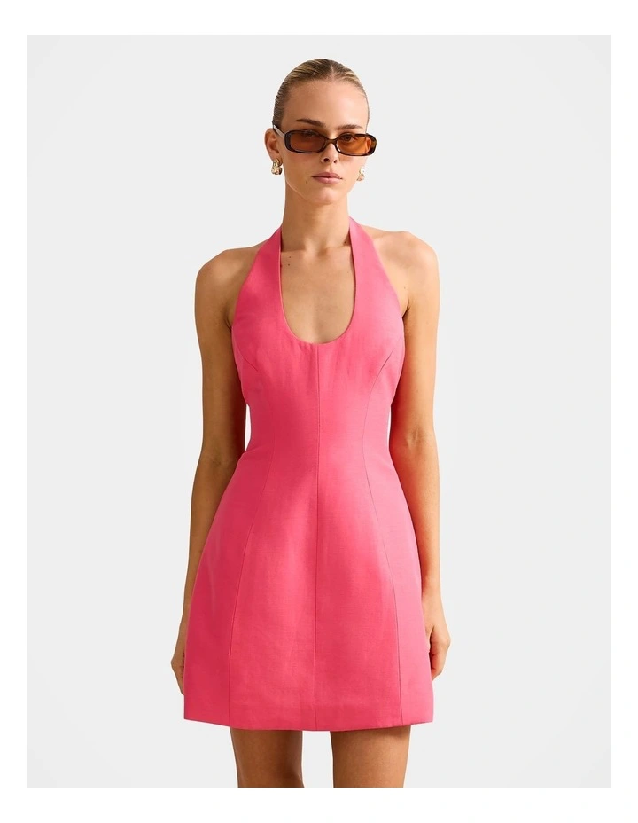 Esther Halter Neck Linen Mini Dress in Pink image 1
