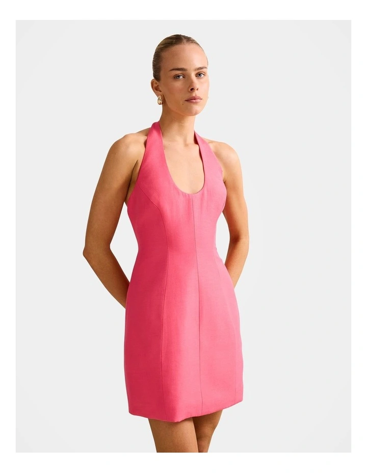 Esther Halter Neck Linen Mini Dress in Pink image 3
