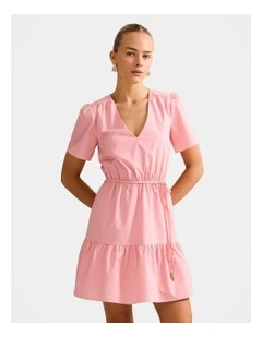 Hattie Short Sleeves Cotton Mini Dress in Pink
